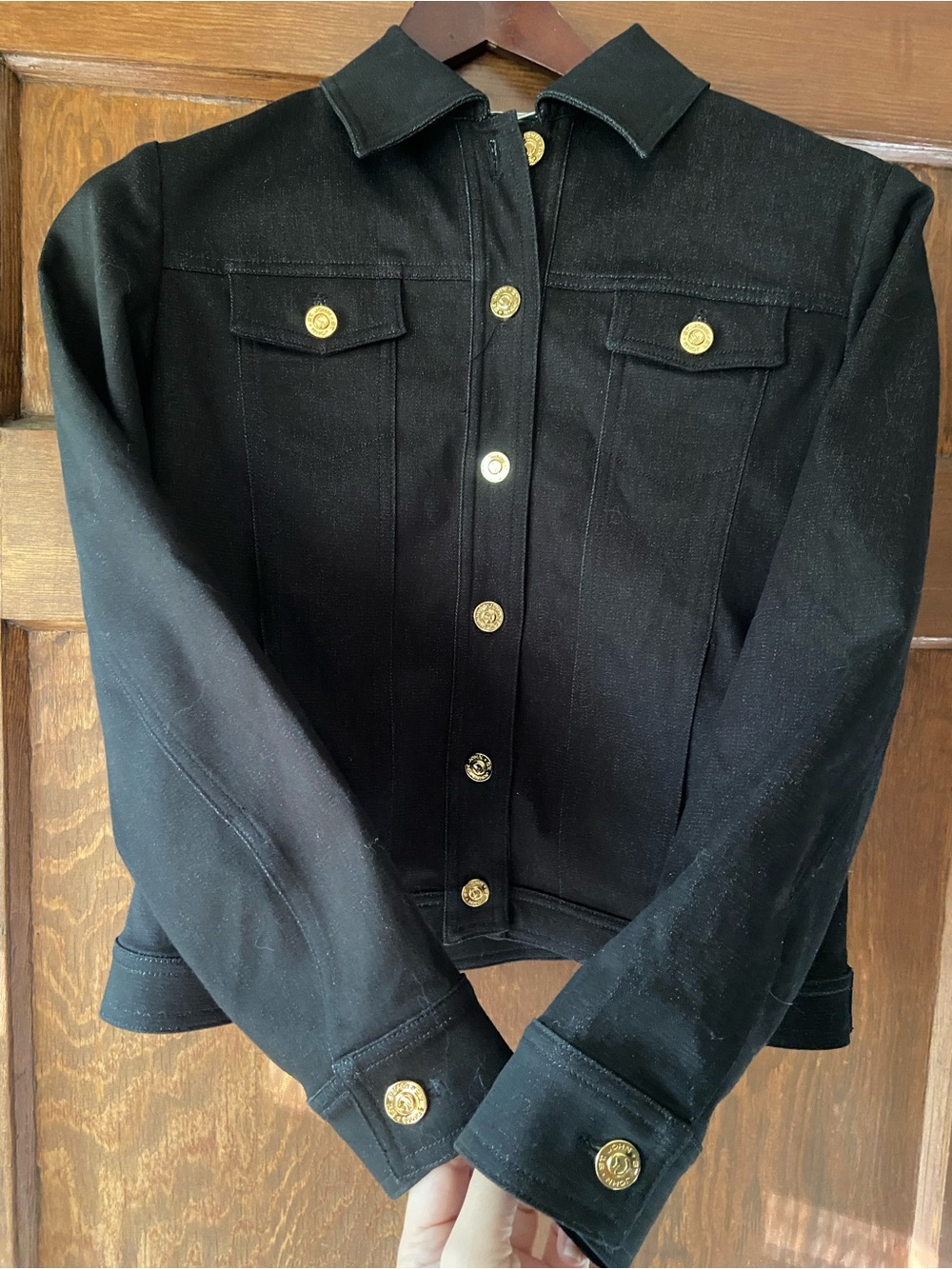 Gorgeous St John Black Denim Jacket with Signature Gold Buttons. .